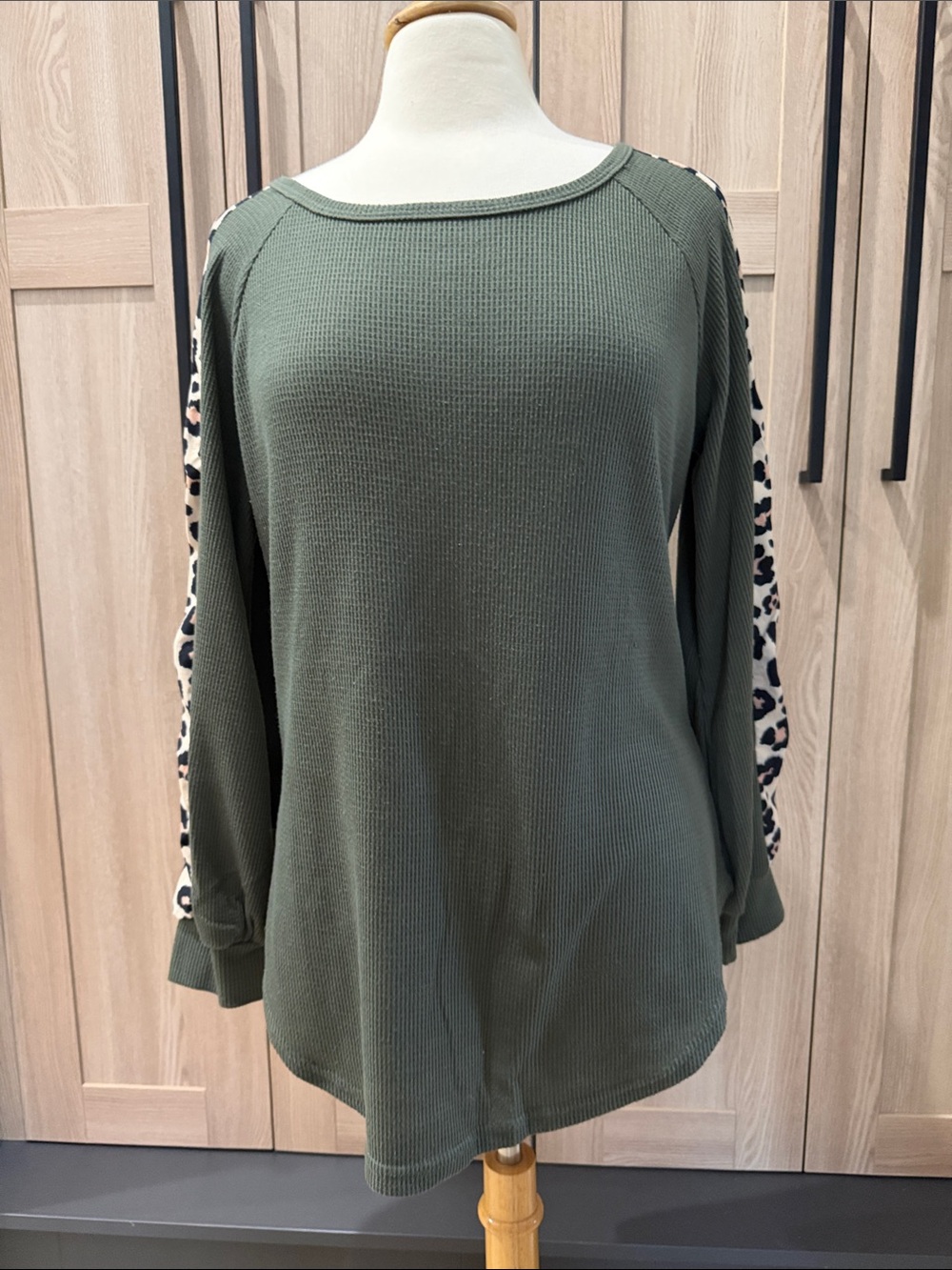 Olive Green Waffle Knit Long Sleeve Top with Leopard Accent